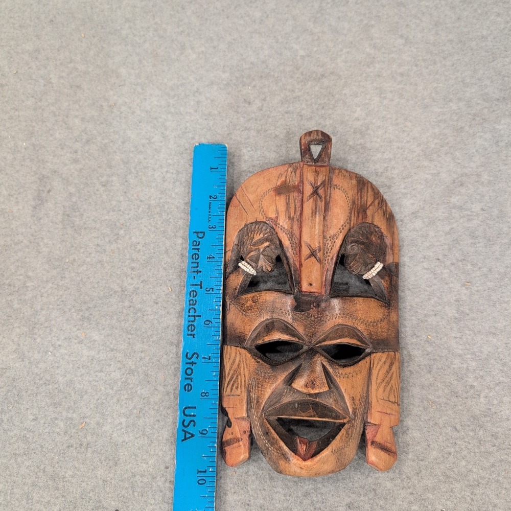 Hand Carved Wooden Tribal Wall Mask with White Bead Accents Brown Decor - Picture 6 of 7